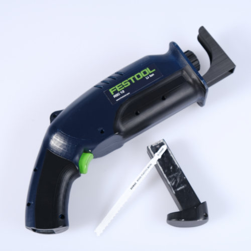 Festool cordless jig saw with blade and guide accessory on a light background.