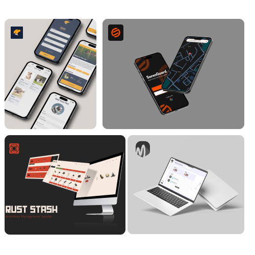 Collage of four app screenshots: top-left shows onboarding/profile screens, top-right two phones on a gray backdrop, bottom-left 'Rust Stash' inventory tool on a dark panel, bottom-right a laptop with a project dashboard.
