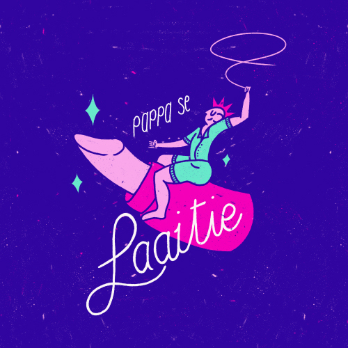 Cartoon: a crowned child riding a large pink hand on a purple background, with the words 'Pappa se Laaitie'.