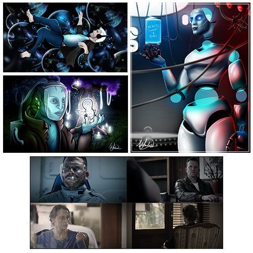 Quad‑panel sci‑fi collage: a figure floating in space, a blue humanoid robot, an astronaut with a glowing figure, and two men in a tense cabin scene in the foreground.