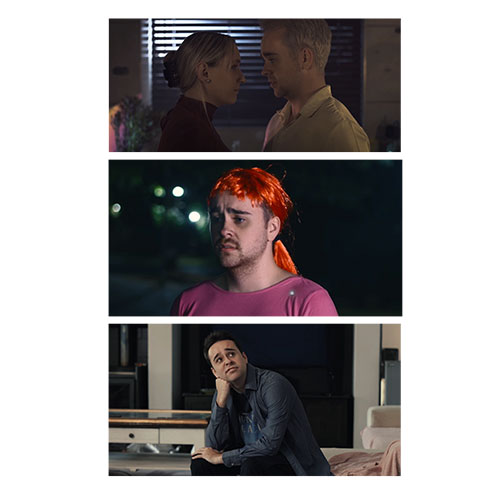 Triptych: top scene shows a man and woman in close conversation indoors. Middle scene features a person with a bright orange wig outdoors at night. Bottom scene shows a woman sitting on the floor beside a bed indoors, resting her chin on her hand and looking thoughtful.