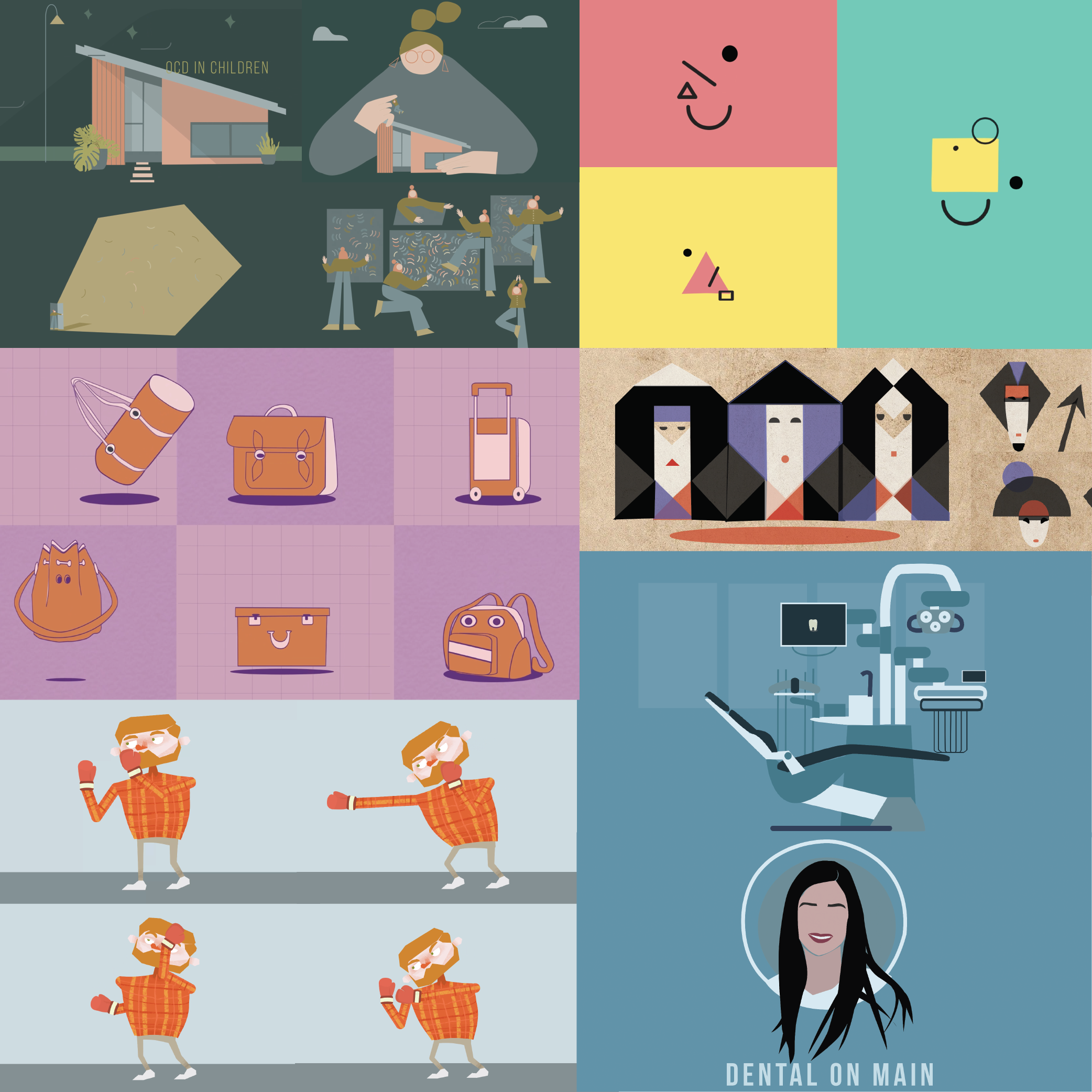 Collage of colorful, geometric illustrations: a building scene with 'OCD in Children', people stacking blocks, and backpacks; abstract faces and a dental ad panel on the right.