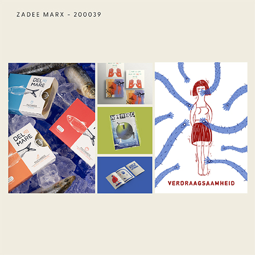 Collage poster by ZADEE MARX: left panel shows fish-packaging on ice, center panel with small product images, right panel a blue line-drawn girl with tentacles and the Dutch word VERDRAAGSAAMHEID.