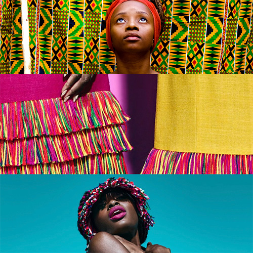 Three-panel fashion collage: top—woman's face against bright African print; middle—colorful layered fringe skirts; bottom—model with floral hat and bold lipstick.