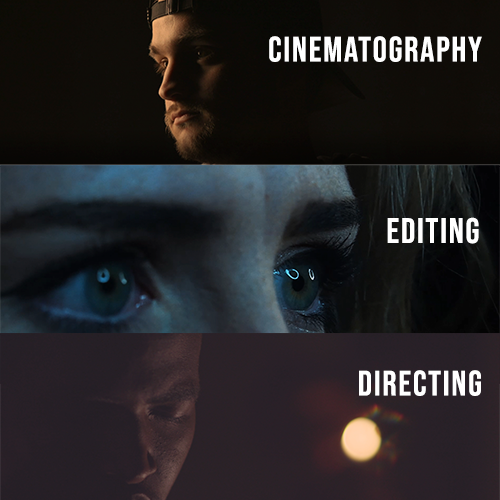 Three horizontal panels highlighting film roles: Cinematography, Editing, Directing, with dramatic close-ups and bold white labels.
