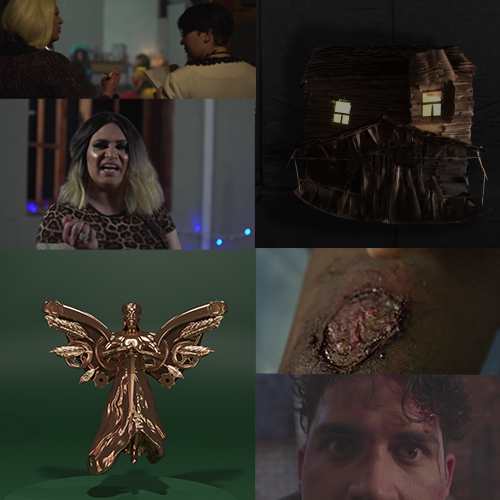 A collage of six images: top-left shows two people facing each other in a dim room; top-right a small lit wooden house model; middle-left a blonde woman in a leopard print shirt appears to be yelling; middle-right a close-up of a bloody wound on skin; bottom-left a metallic winged statue; bottom-right a close-up of a man with a bloodied face.