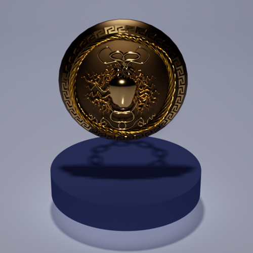 Gold ornate circular medallion with dragon motif and Greek-key border atop a blue pedestal, casting a soft shadow.