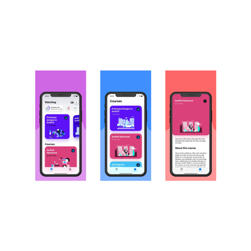 Three smartphones display a learning app with course cards on bright purple, blue, and pink backgrounds.