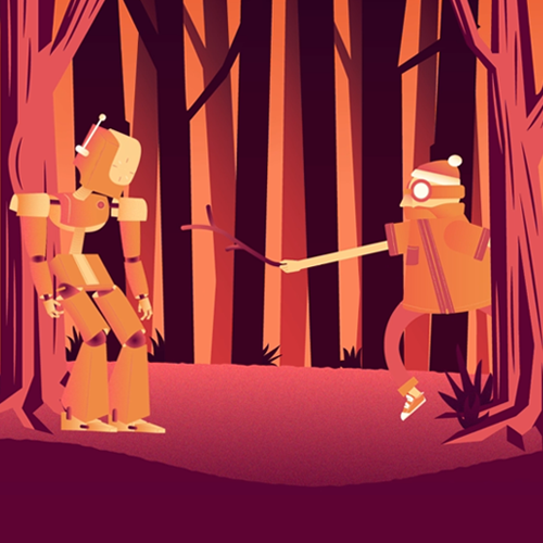 Two orange robots in a stylized forest; one extends a branch toward the other in a friendly gesture.