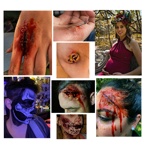 Graphic collage showing several gory injuries: bloody wounds on hands and face, plus a skull-makeup portrait and a pregnant woman with a flower crown in a burgundy dress.