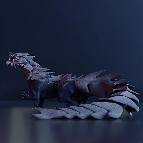 Ice-dragon figure lying on its belly with jagged crystalline scales against a dark blue background.