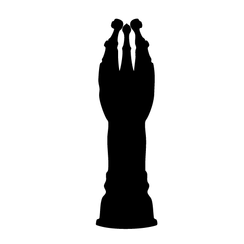 Silhouette of two hands pressed together in prayer against a white background.